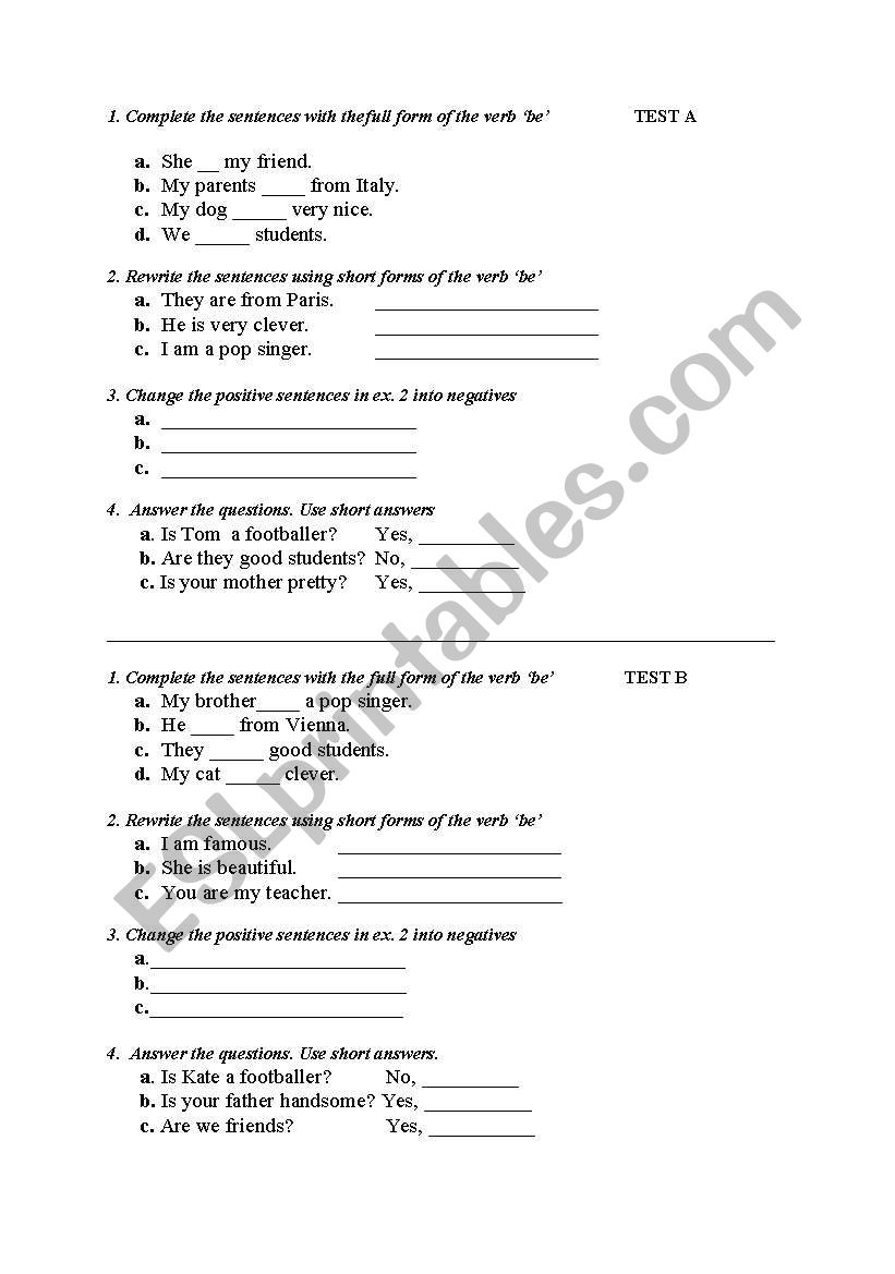 Verb be  SHORT TEST worksheet