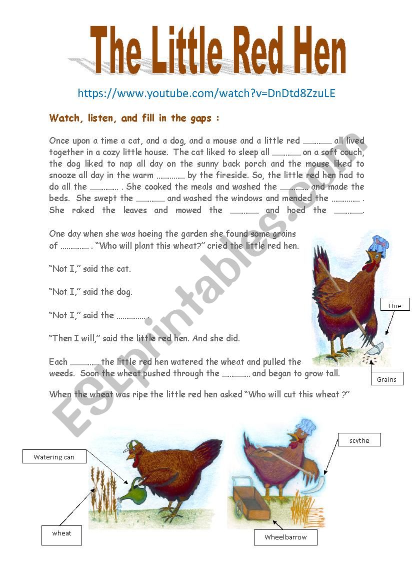 The Little Red Hen Watch Listen And Esl Worksheet