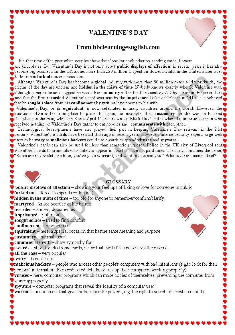 ValentineÂ´s day worksheet