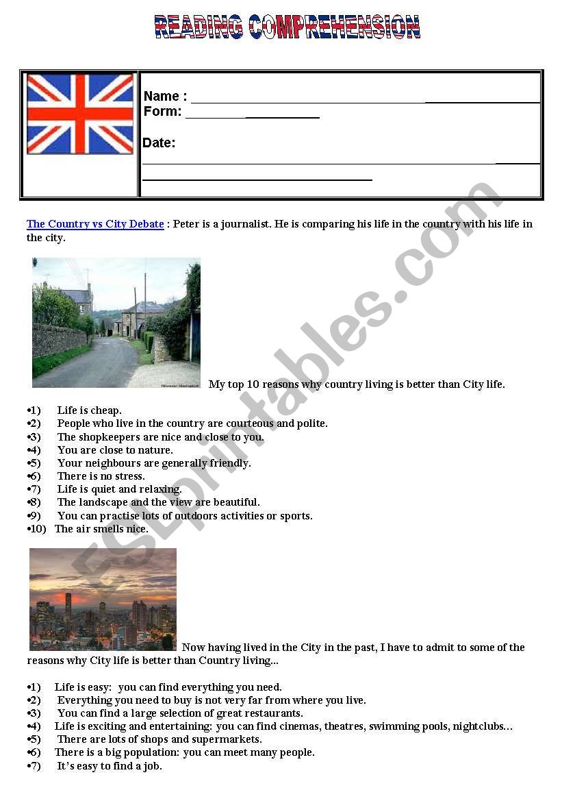 The city vs the country worksheet