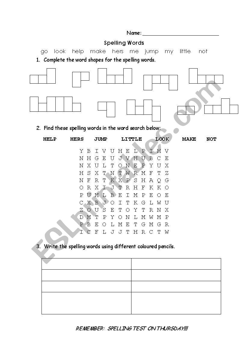 Dolch Words Spelling Activity Sheet