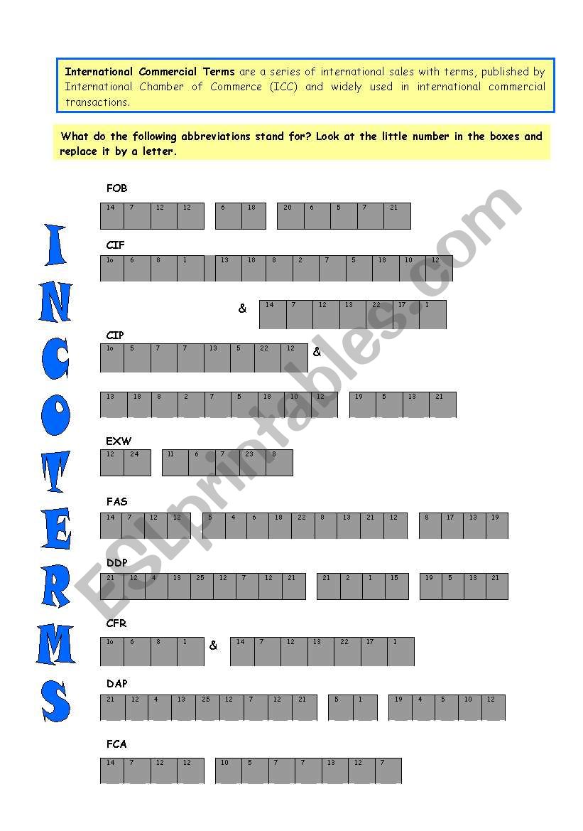 Incoterms worksheet