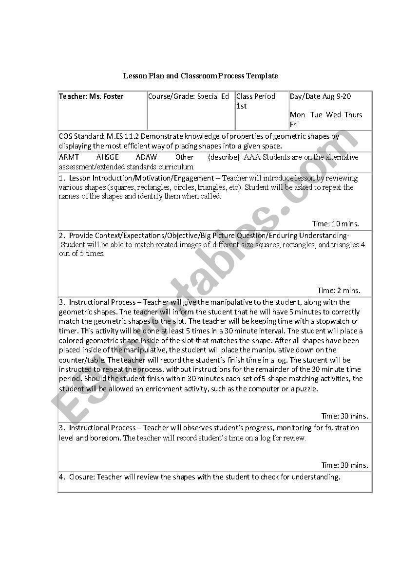 Math lesson plan worksheet