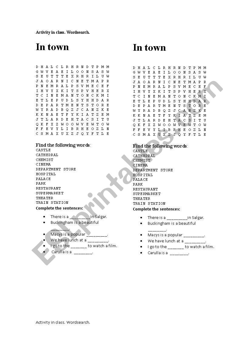 wordsearch clothes and town worksheet