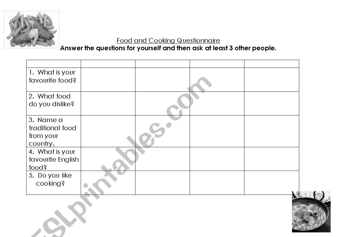 Food and Drink Questionnaire worksheet