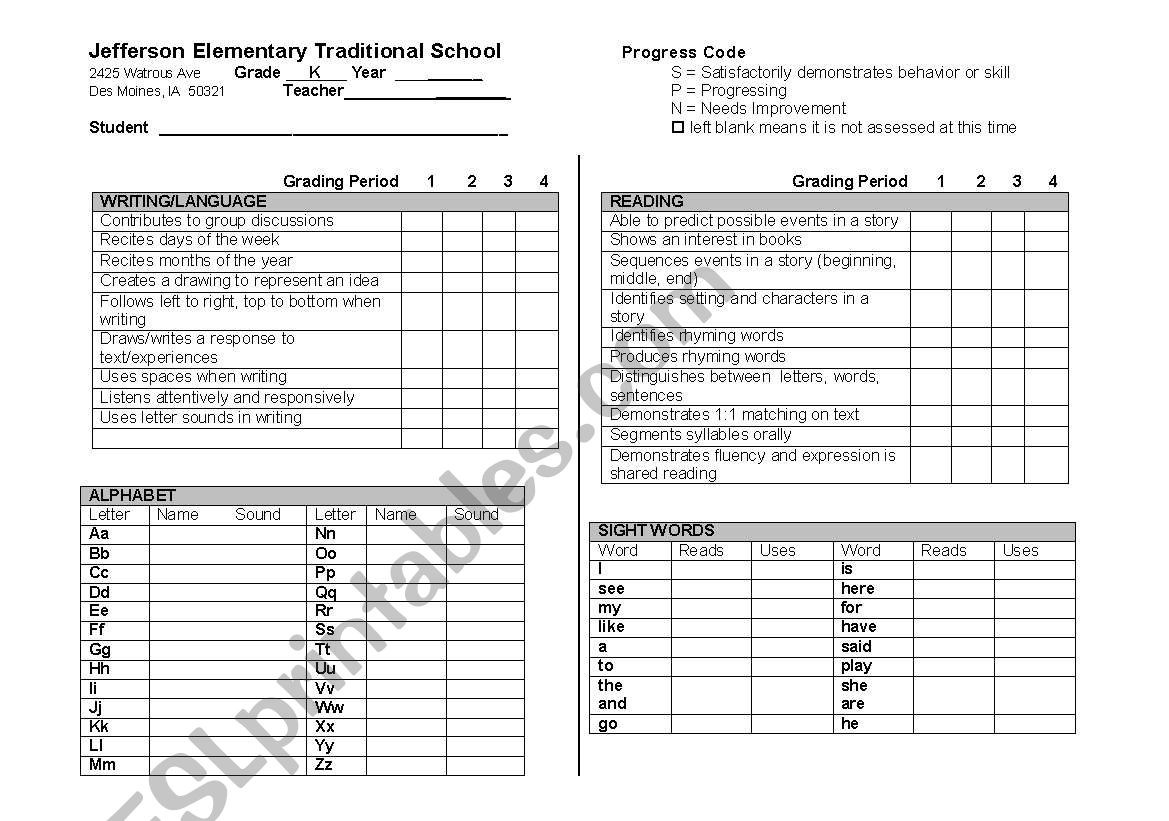 Progress Report for kindergarten skills