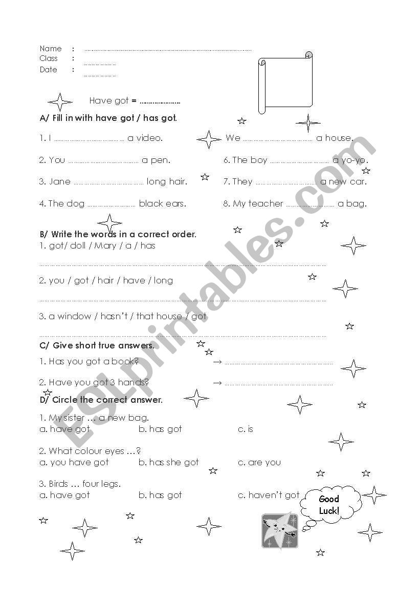 Have got, A test worksheet