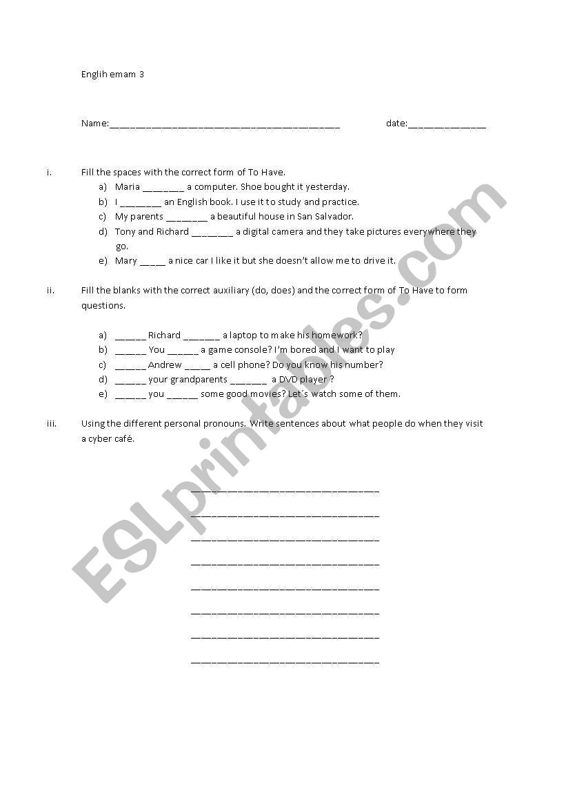exam worksheet