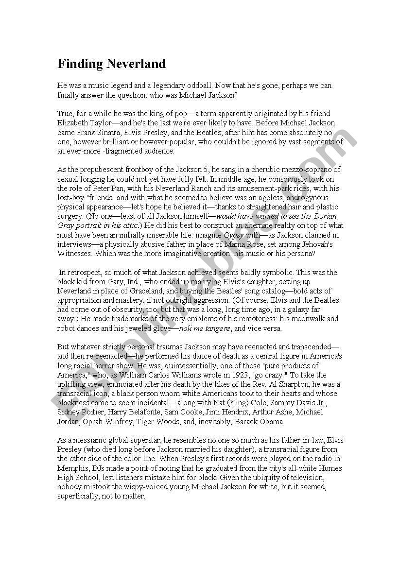 Finding Neverland worksheet