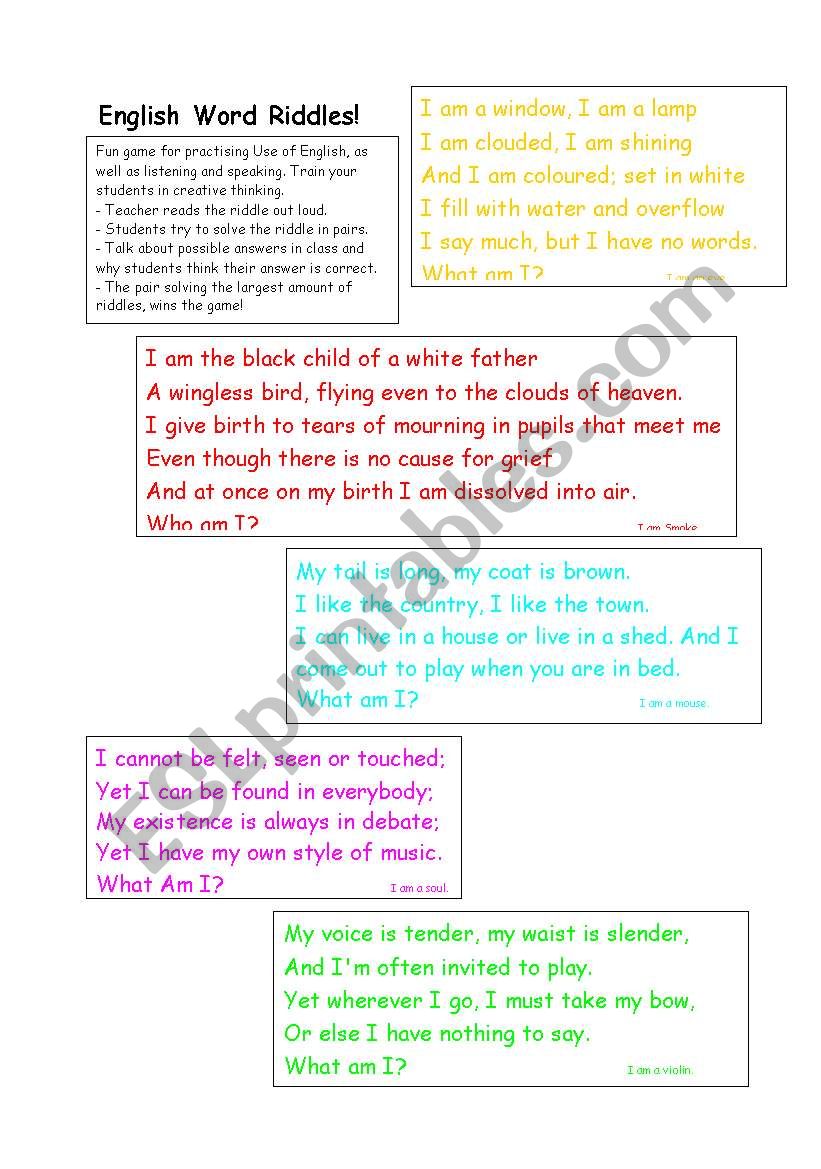 English word riddles worksheet