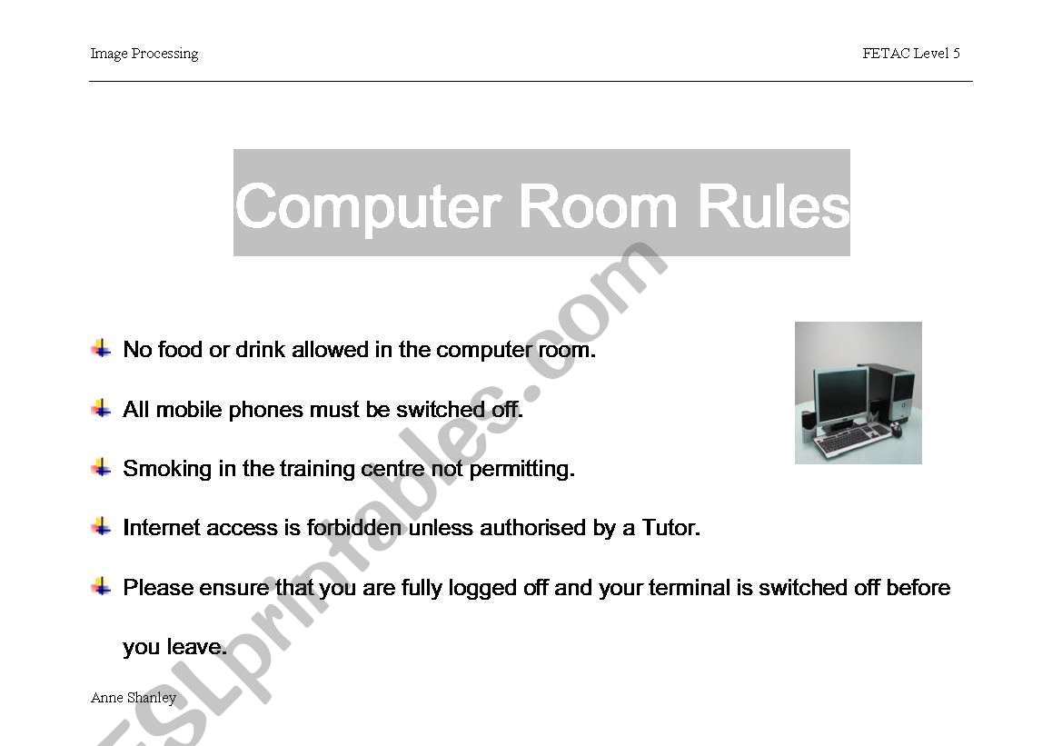 Computer Room Rules worksheet