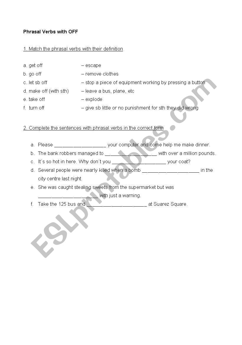 Phrasal Verbs with OFF worksheet
