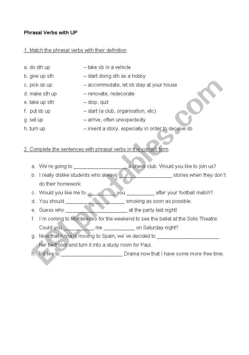 Phrasal verbs with UP worksheet