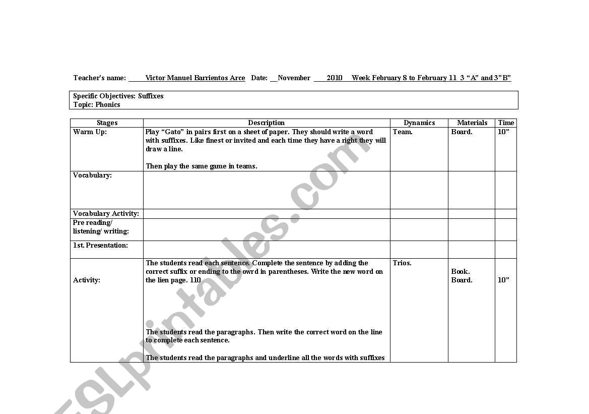 English worksheets: Lesson Plan ESL 3