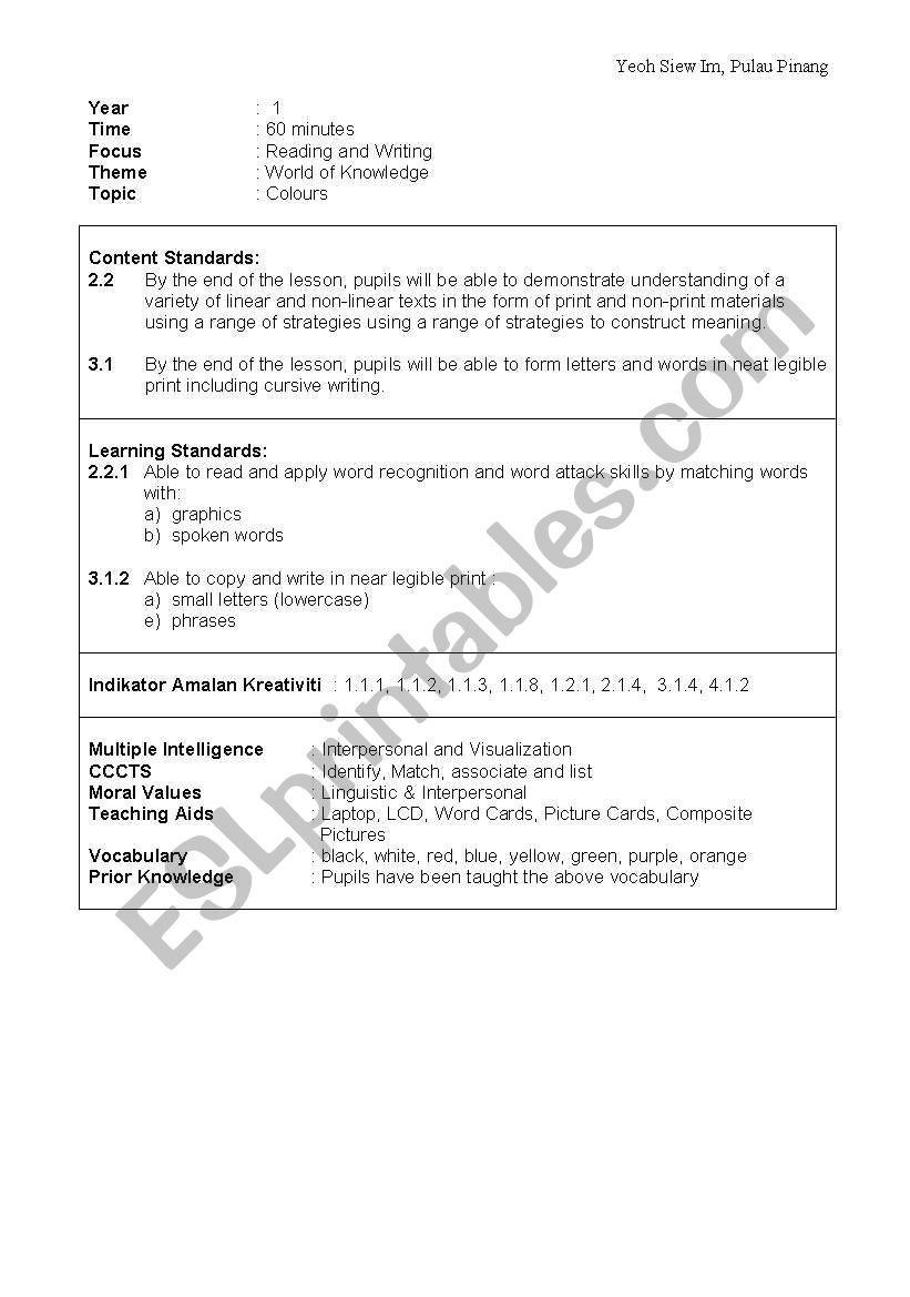 colours worksheet