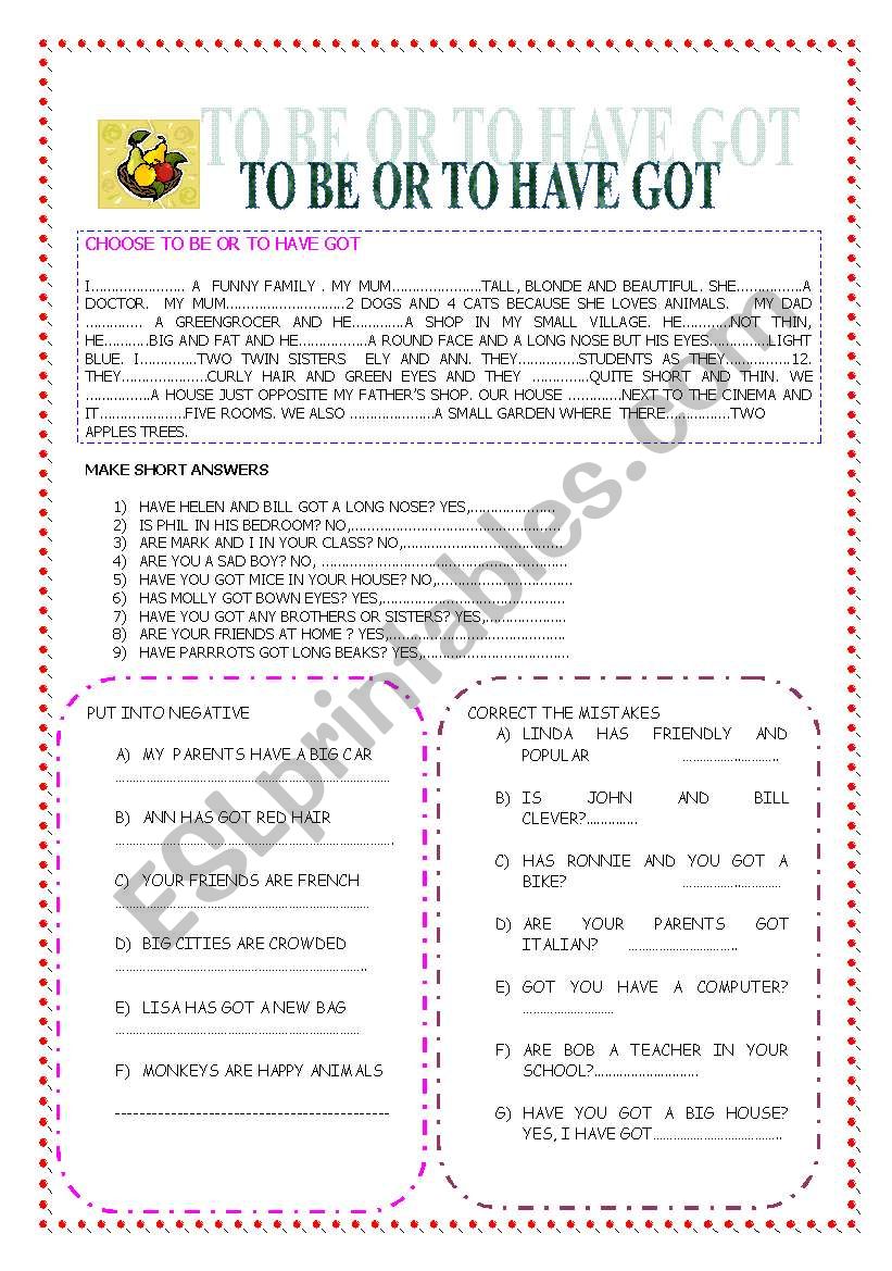TO BE OR TO HAVE GOT worksheet