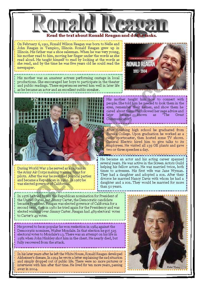 Reading - RONALD REAGAN worksheet