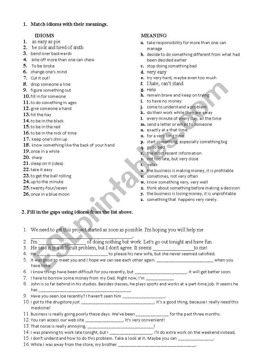 Idioms definitions worksheet worksheet