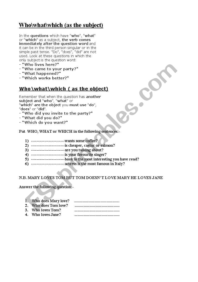 WHO/WHAT/WHICH  as subject worksheet
