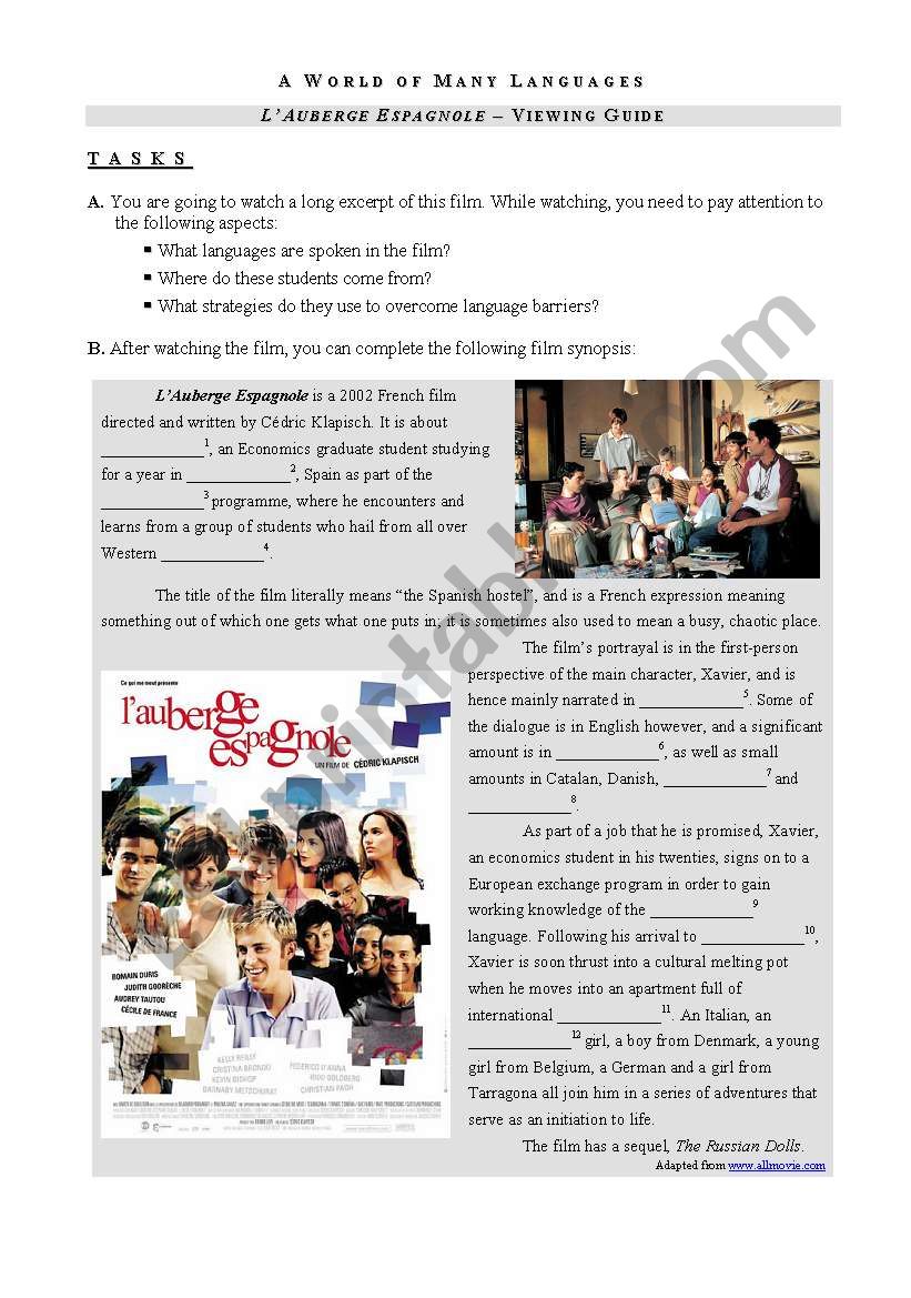 L Auberge Espagnole Viewing Guide Esl Worksheet By Pmca