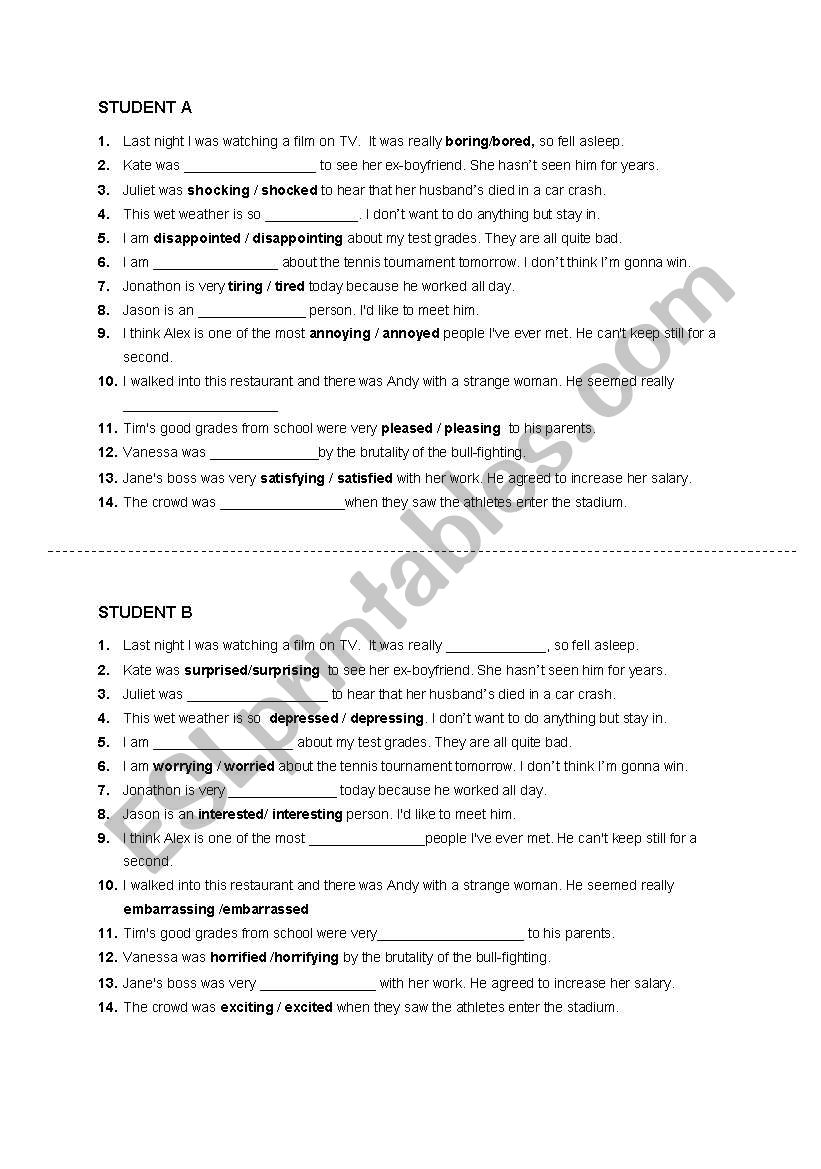 adjectives ending -ed, -ing (pair work)