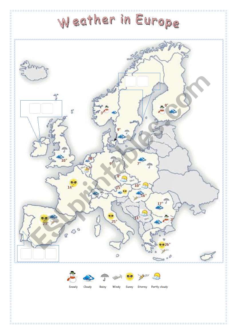 Europe : Weather (map + exercises : 3pages) Editable