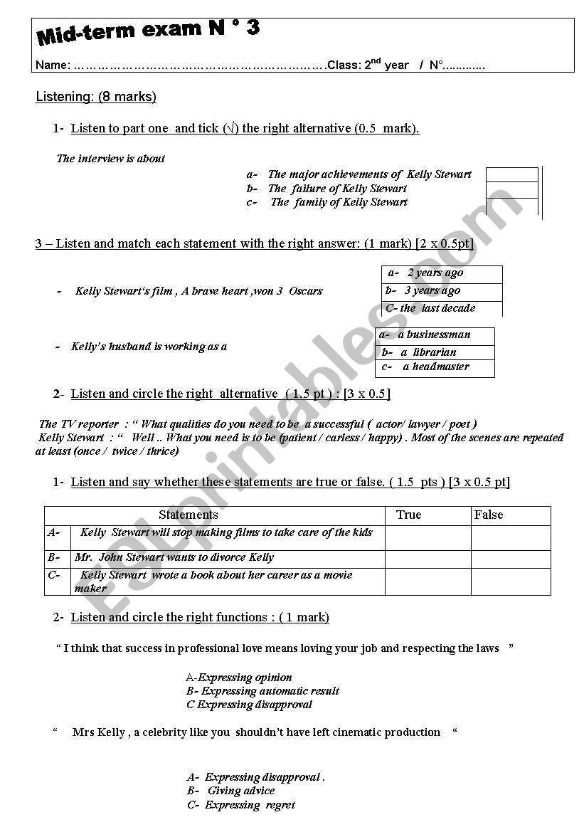 2nd year Mid term exam  worksheet