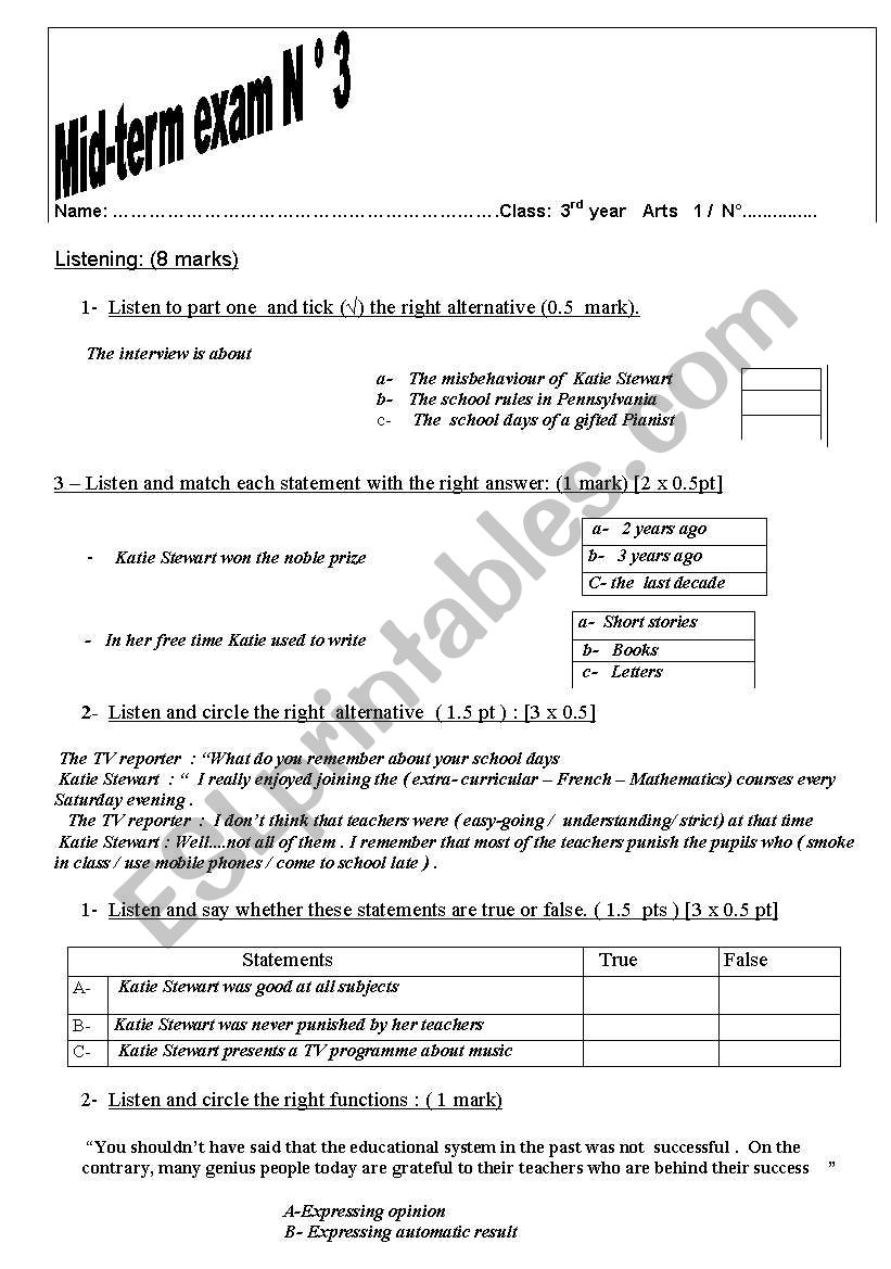 Mid- term exam  3rd Form Arts secondary education