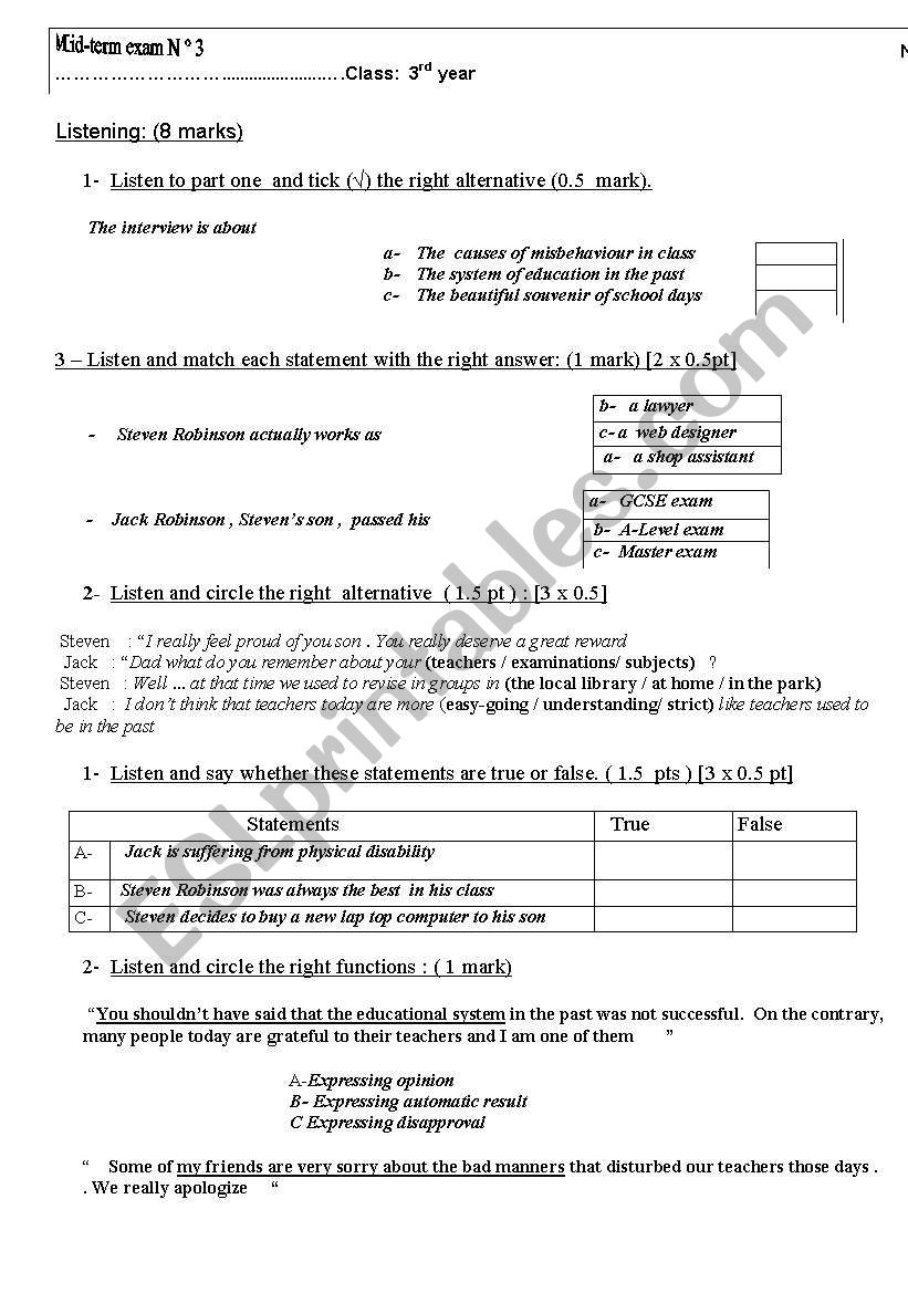 Mid- term exam  3rd Form secondary education