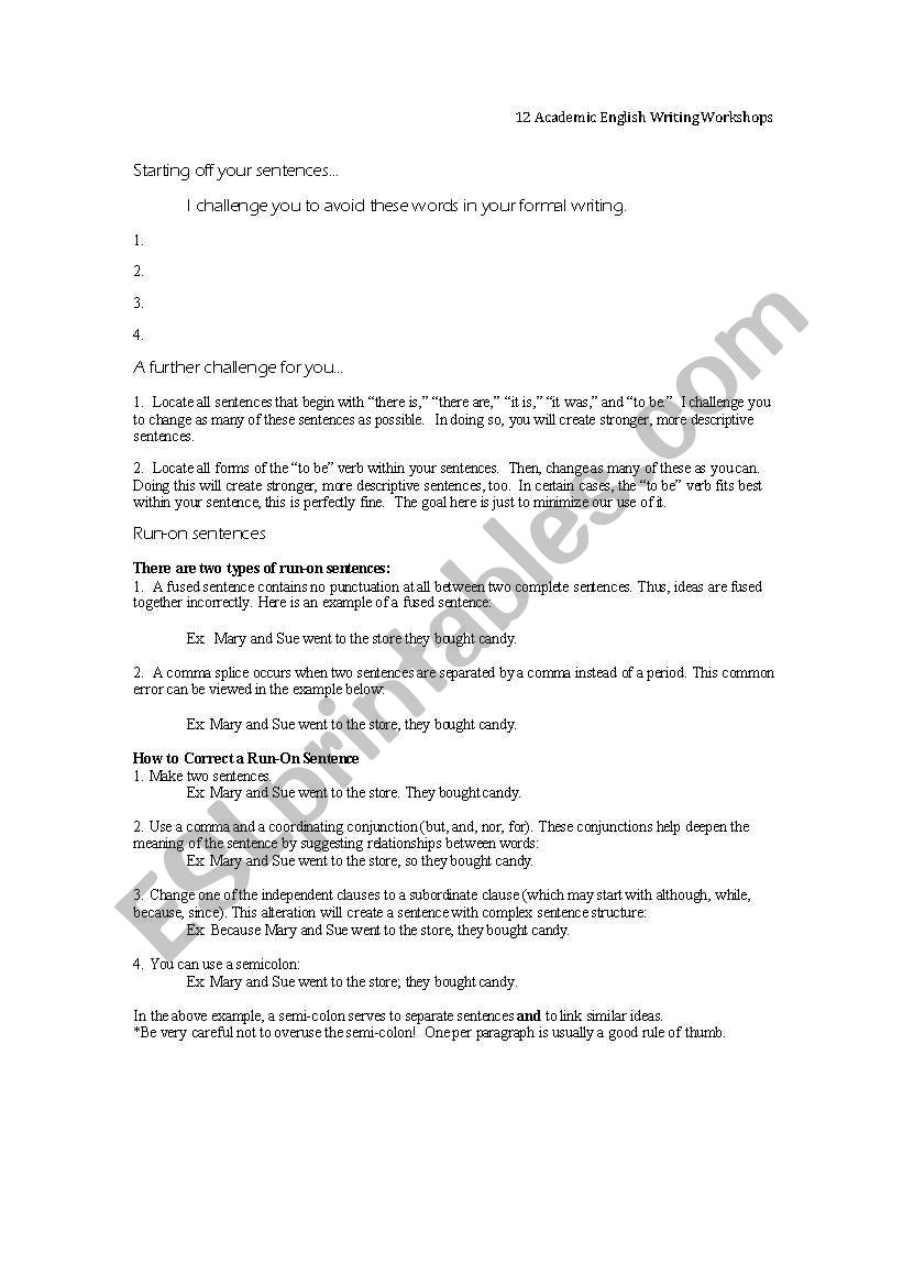 writing workshops worksheet