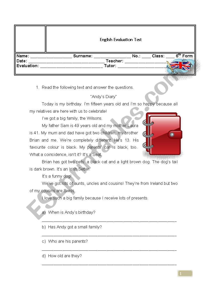 Evaluation Test worksheet