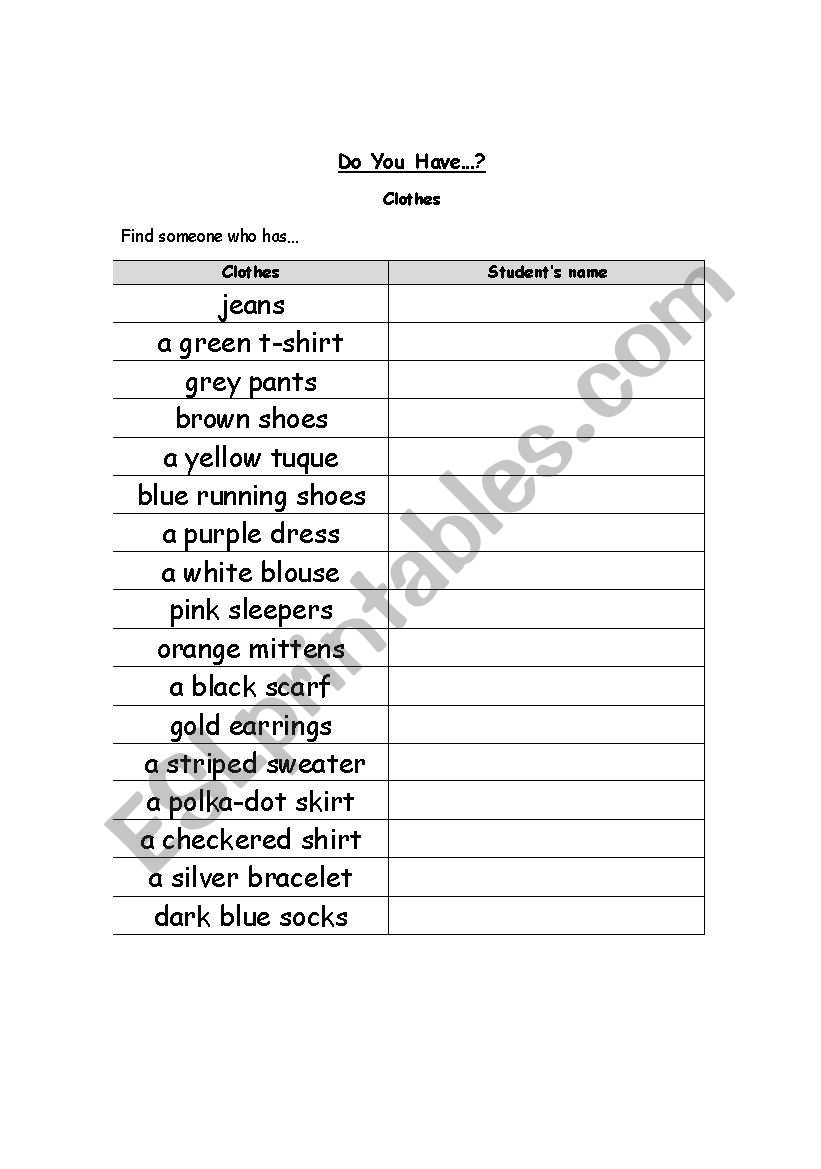 Oral Activity about Clothes worksheet