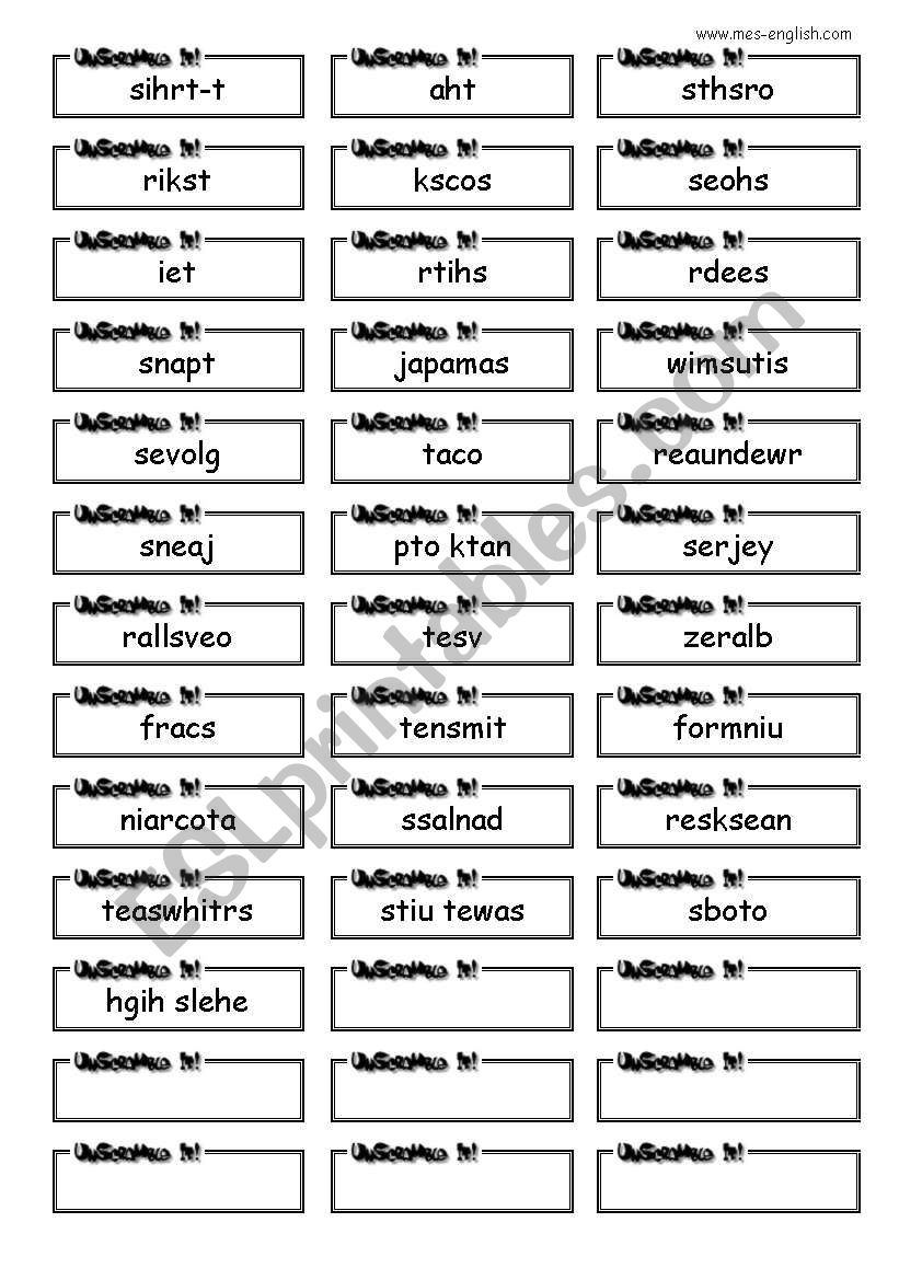 unscramble words for clothes worksheet