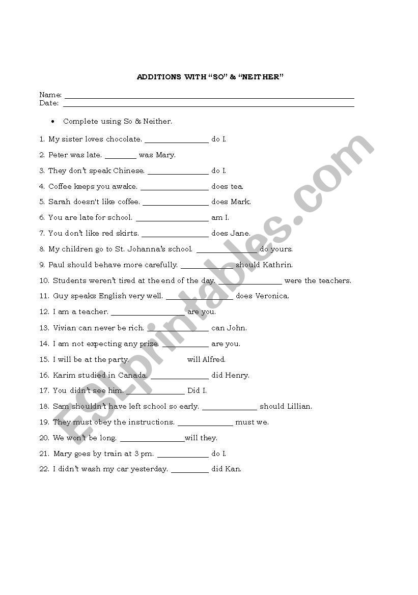 Additions with So & Neither worksheet