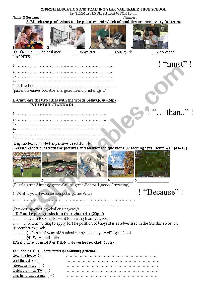 exam test worksheet