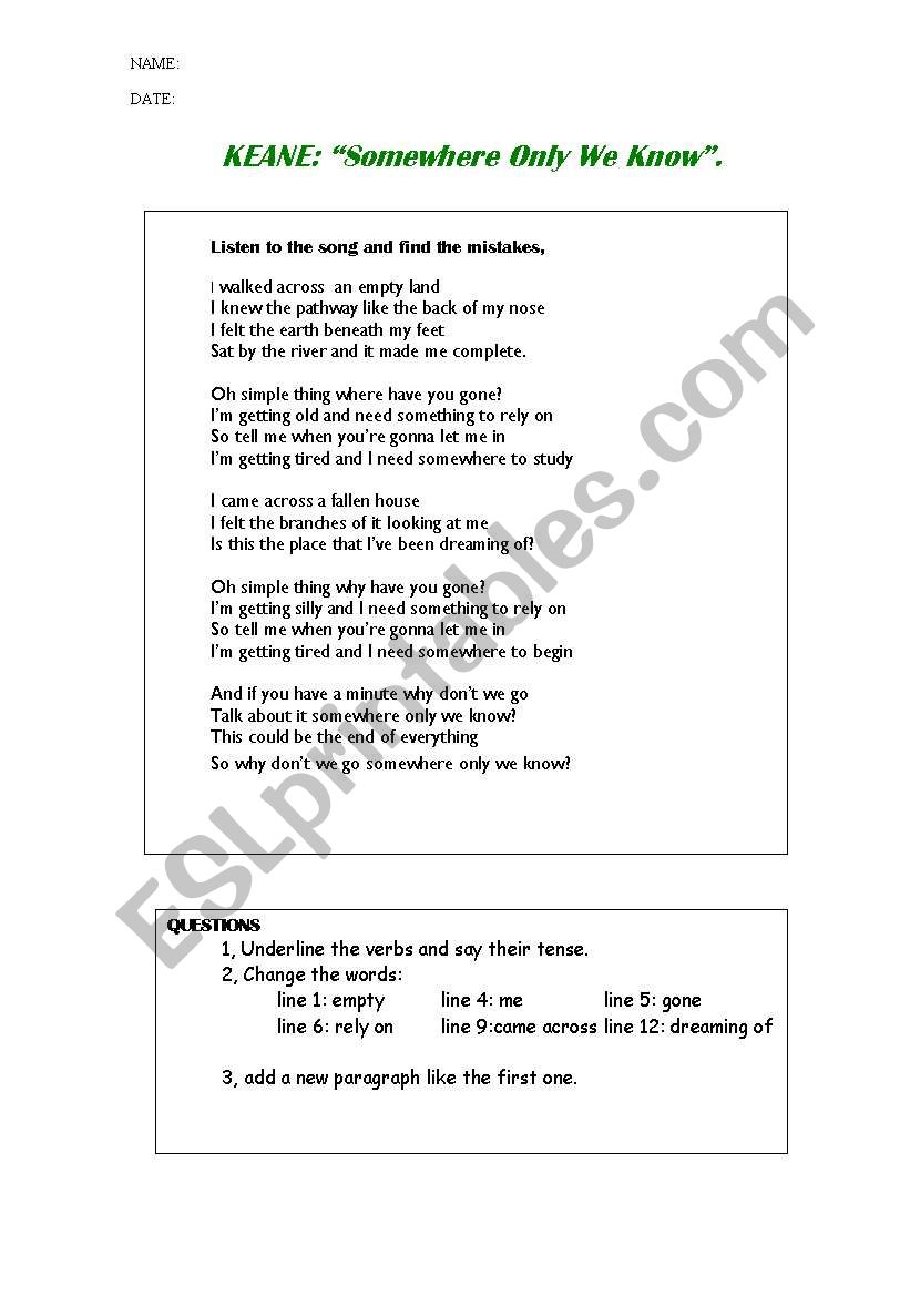Listening to a song: Keane worksheet
