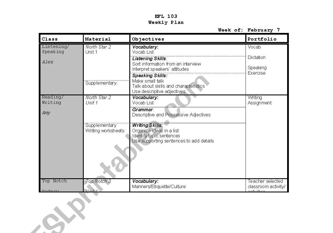 Weekly Plan Layout for EFL worksheet