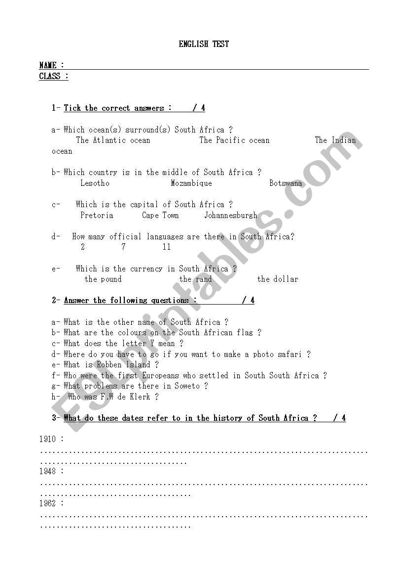 South Africa worksheet