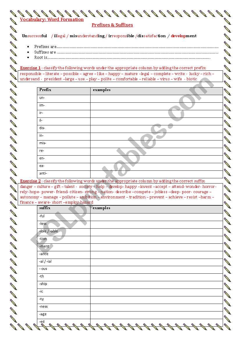 Prefixes & suffixes worksheet