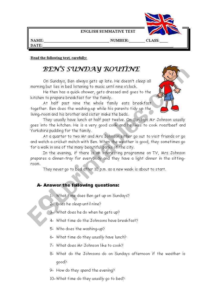 Bens Sunday routine worksheet