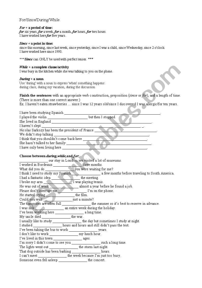 Since/for/during Practice: Explanation + worksheet