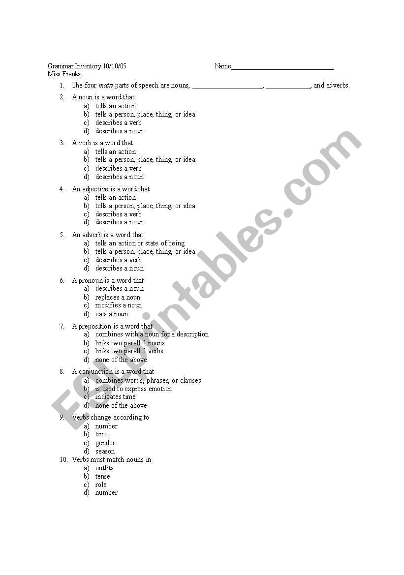 Parts of Speech Pre-test worksheet