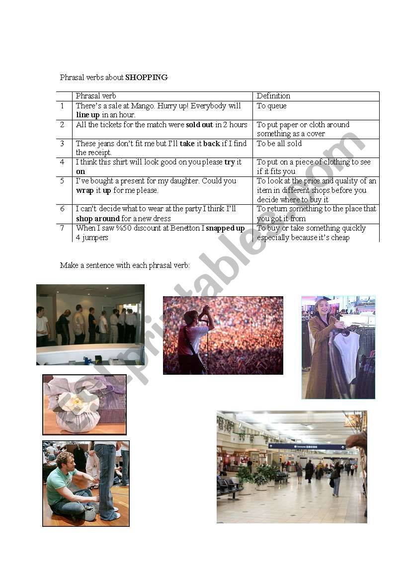 Phrasal Verbs -  Shopping worksheet