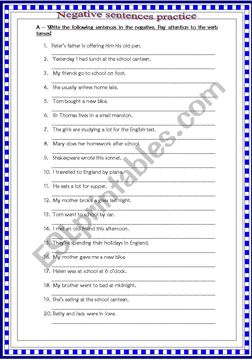 Negative sentences practice. worksheet