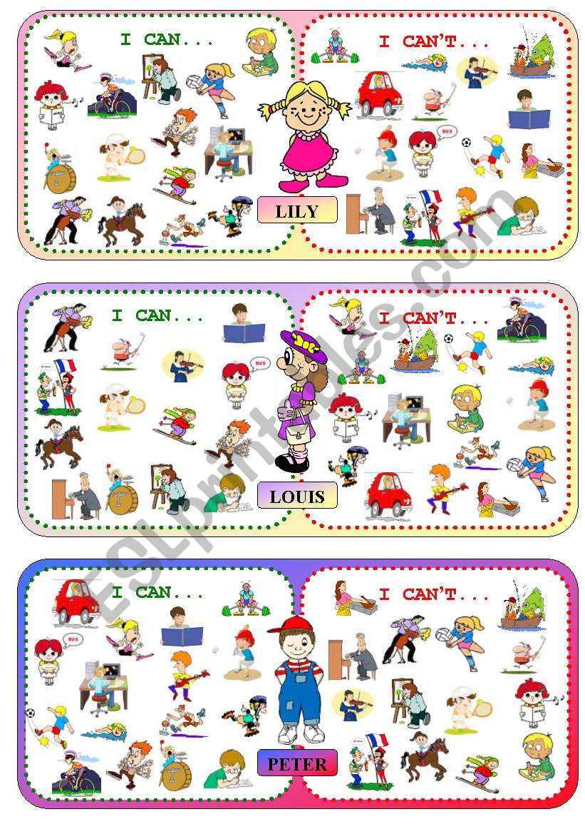 Board Game PART II - Set of 12 Cards - Talking about oneÂ´s abilities (CAN / CANÂ´T)