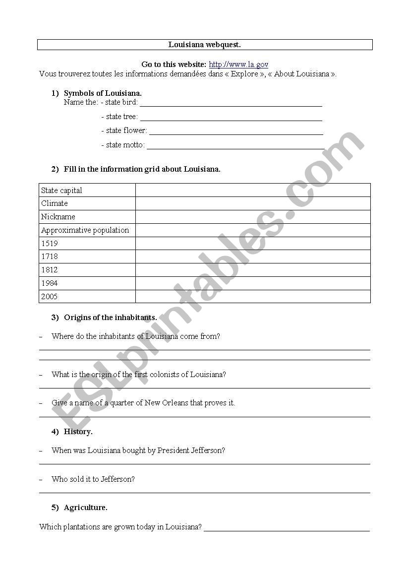 Louisiana webquest worksheet