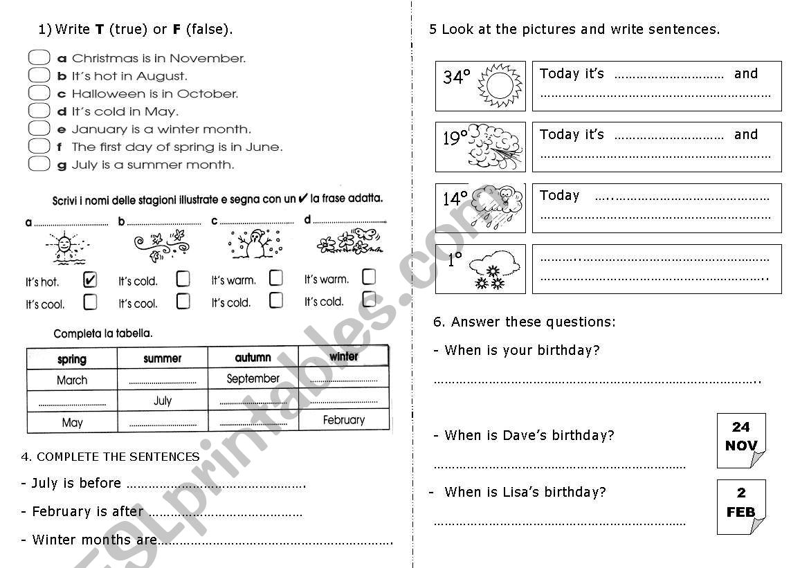months, seasons and weather. worksheet