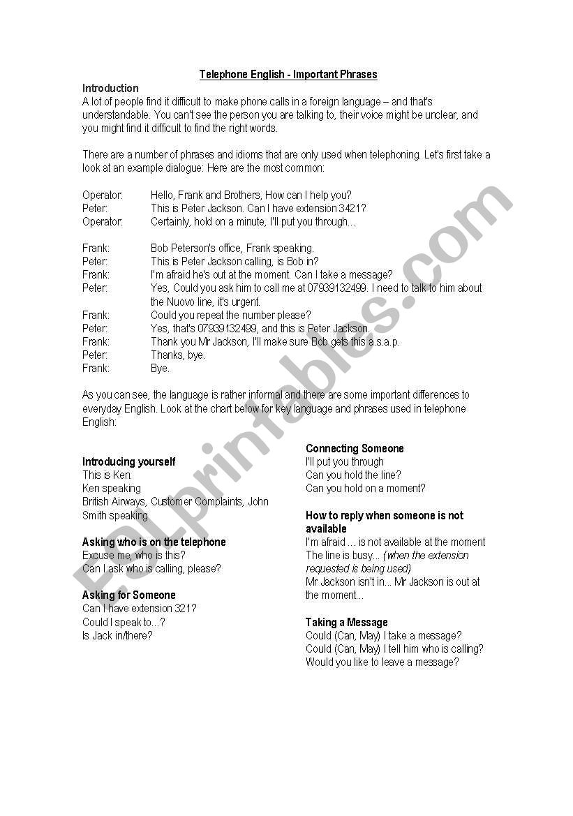 telephone english worksheet