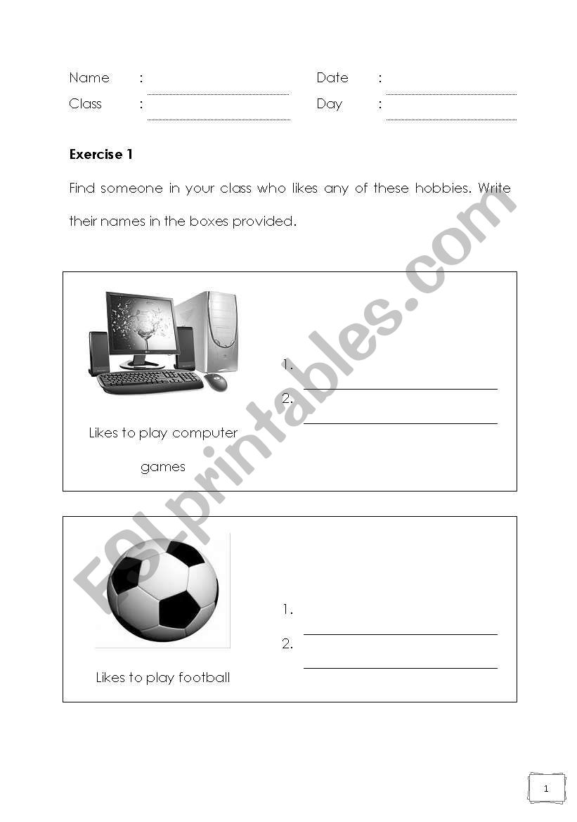 Hobbies worksheet