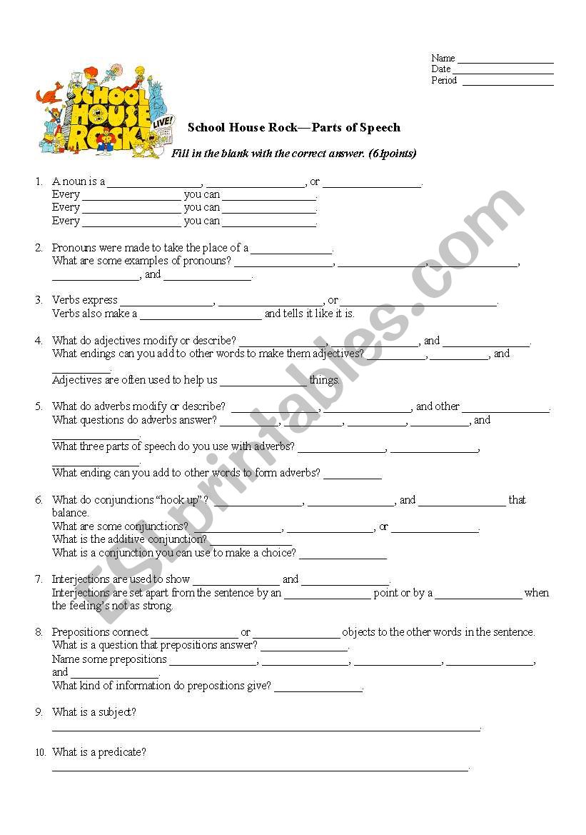 Grammar Rock worksheet